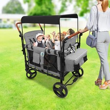 4 Seats Kids Foldable Wagon Cart 5-point Harness Wagon Cart W/ Canopy  Storage