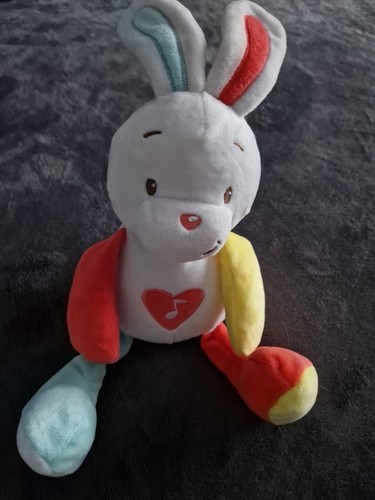 Obaïbi Peluche doudou lapin blanc bleu marinière 25 cm