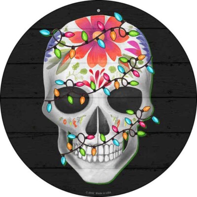 Calavera with Lights Round Circular Metal Sign 12'' for Home Garage Wall & Gift