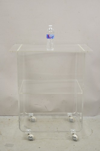 Vintage Clear Lucite Acrylic Mid Century Modern Rolling Bar Cart Side Table - Picture 10 of 12