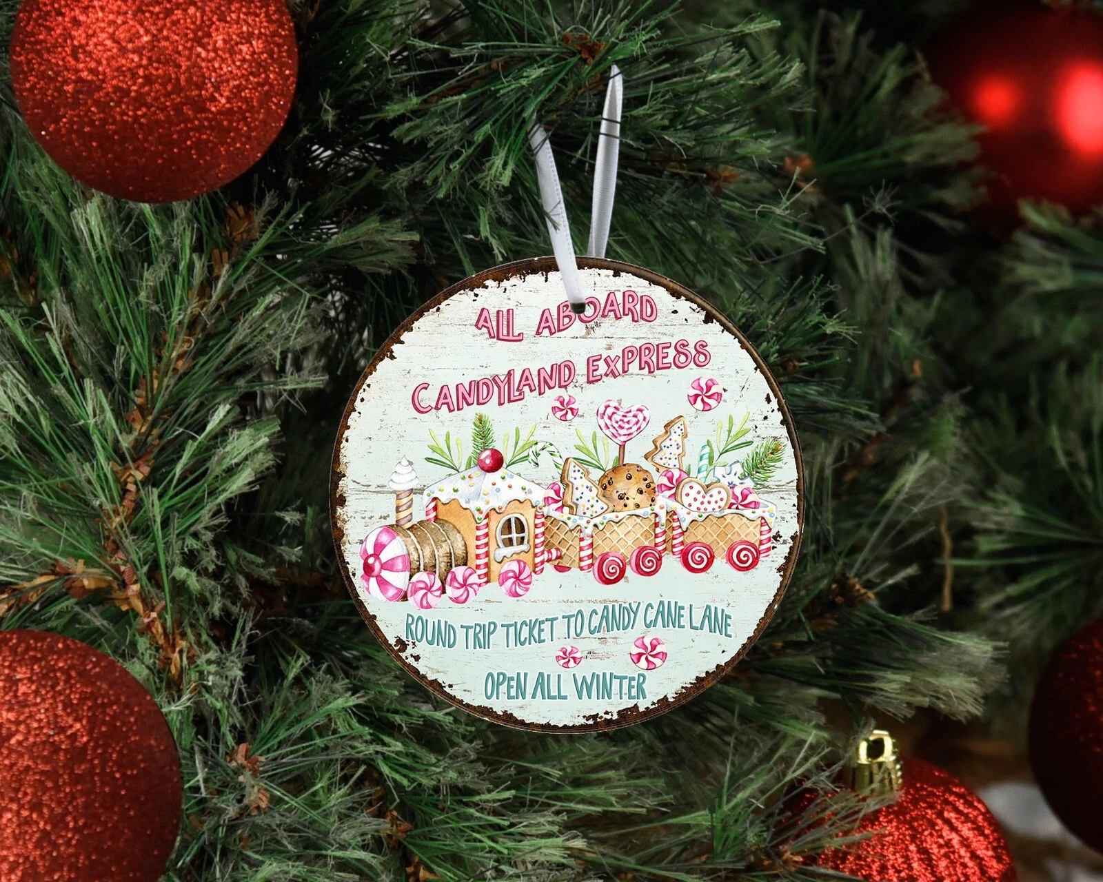 All Aboard Candy Train Round Ceramic Christmas Ornament