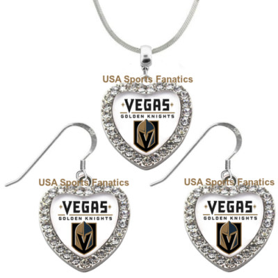 Vegas Golden Knights 925 Necklace or Earrings or Set Team Heart With Rhinestones