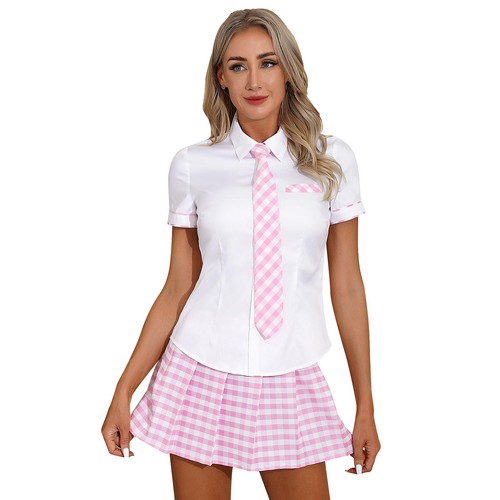 AU Women's School Girl Uniform Short Sleeve Shirt with Plaid Skirt and Tie Set - Picture 27 of 76