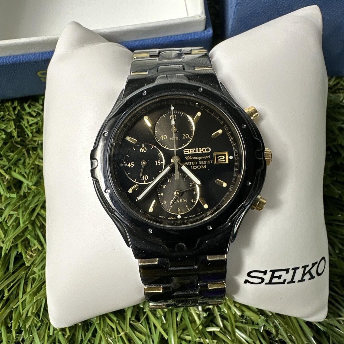 Seiko Watch Men 7T62-0CJ0 Black Gold Tone Date 38mm New Battery 6