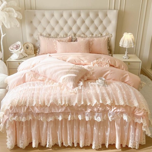 Juego de cama de 4 piezas funda nórdica bordada de encaje de lujo falda de cama 2 fundas de almohada - Imagen 13 de 21