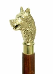 Vintage Solid Brass Wolf Design Handle Antique Wooden Walking Stick Shaft Cane