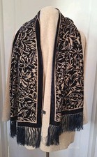 Vintage Silk/Velvet Burnout Scarf With Fringe Blue On Beige