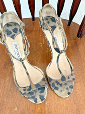 Jimmy Choo Leopard Print Calf Hair T-Strap Sandal Heels Women's EU 39