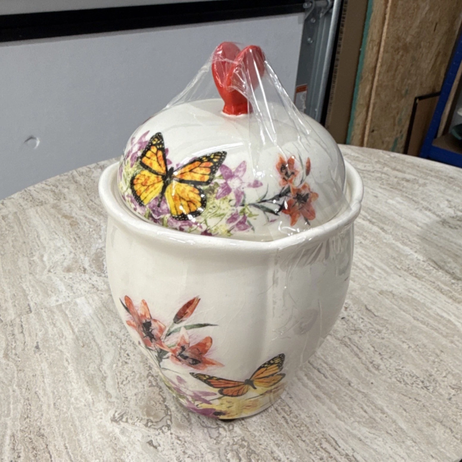 Ceramic Round canister with Lid Butterfly Floral Nature Pattern White