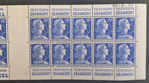 1958 France booklet strip 20x20Fr blue Marianne stamps w advert strips &plate No - Picture 3 of 4