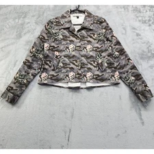 Montana Co. Jacket Womens M Gray Pink Camo Floral Crop Stretch Roll Tab Sleeves