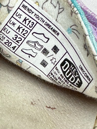 Hey Dude Wendy Youth Dreamer Size K13 Slip-On Shoes Rainbow Unicorn Canvas Kids - Picture 14 of 16