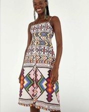 Farm Rio Amulet Linen Blend Aztec Ikat Beaded Tie Back Midi Dress XS