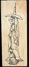 Visual Image Printery Rubber Stamp Halloween Old Witch Standing Broom RARE