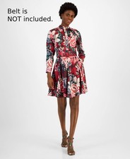 Tahari ASL Women Mock-Neck Fit & Flare Dress Red Size 12 $159 *MISSING BELT*