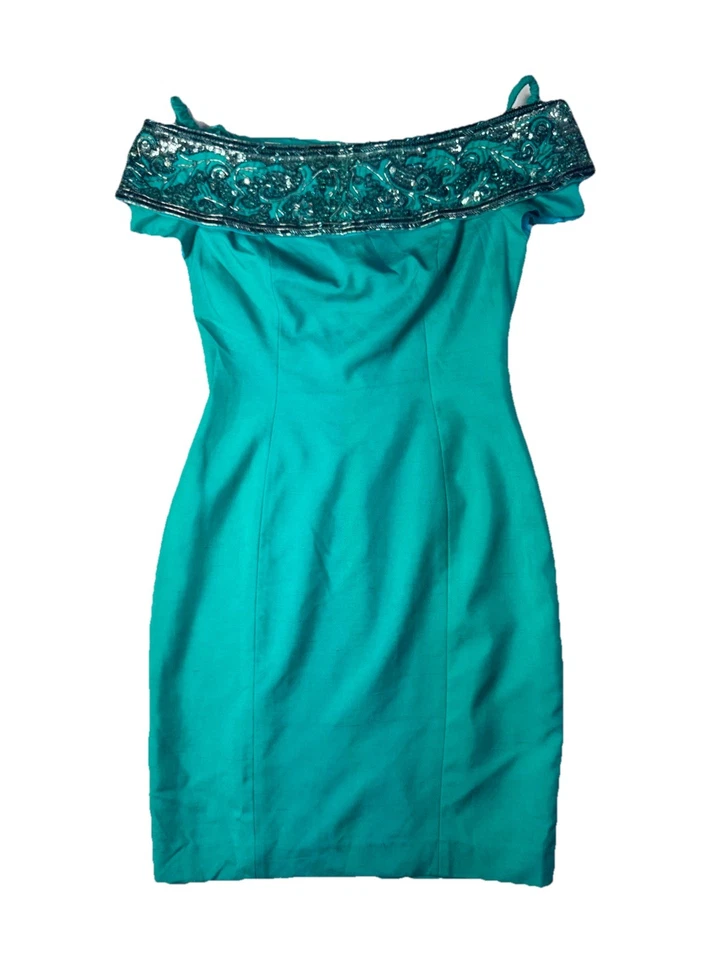 Vestido Lápiz AJ Bari Vintage Años 80 Fuera del Hombro Lentejuelas Espuma de Mar 100% Seda Talla 6 Foto 4 de 4