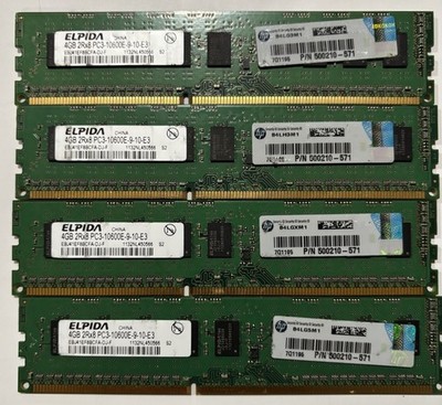 HP Elpida 16GB 4x4GB PC3-10600E 1333mHz EBJ41EF8BCFA-DJ-F ECC UDIMM Workstation
