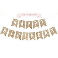 Pre-Strung Happy Birthday Banner - Gold Glitter Birthday Party Banner