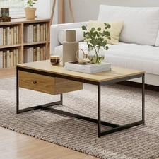 Minimalist Coffee Table with Drawer, Modern Industrial Aesthetic Center Table...