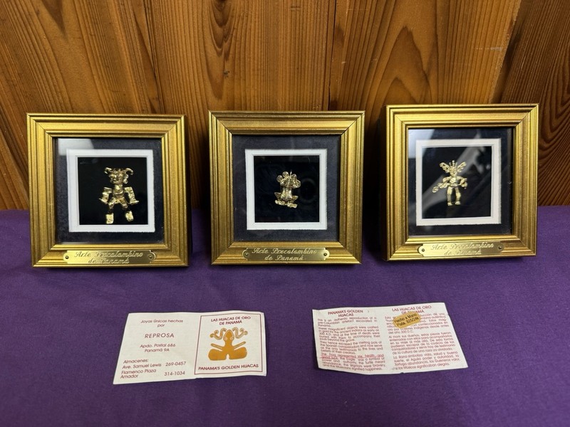 Panama Golden Huacas Framed Artifact Reproductions REPROSA 925 Silver 24K -3 Set