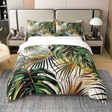 Tropical Leaves Cotton Duvet Cover Set Queen Size Leaf Pattern Comforter Cove...