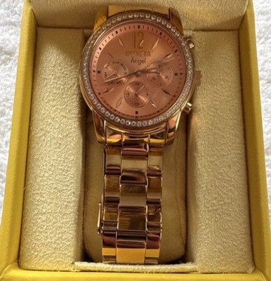 Invicta Angel Gold Stainless Steel Wristwatch Rose Gold Dial Day Date 50M