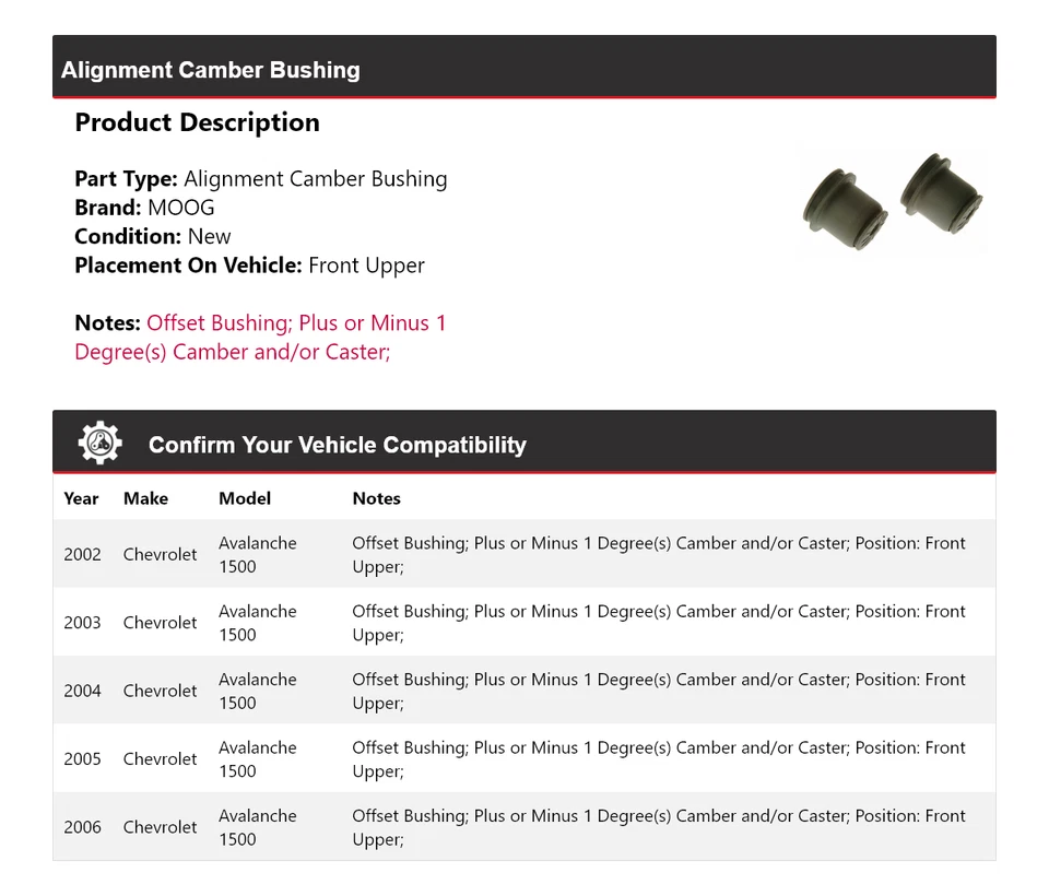 Buje de inclinación delantero superior MOOG para Chevrolet Avalanche 1500 2002-2006 alineación Foto 2 de 4