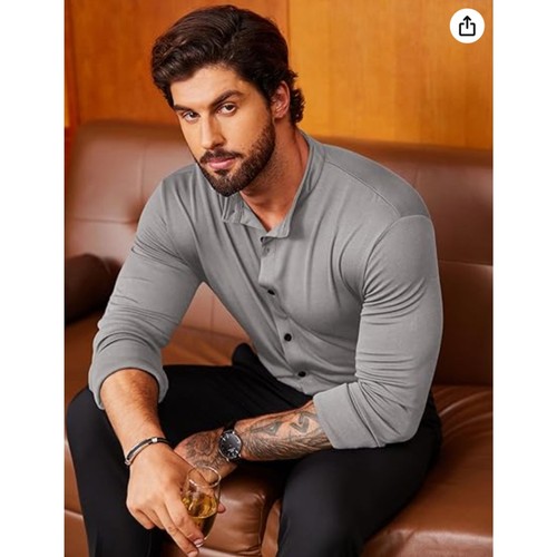 Men's Slim Fit Long Sleeve Button-Up Shirt – Stretch, Wrinkle-Free Gray 3X - Picture 2 of 5