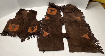 VTG Children s Brown Suede Leather Fringe Cowboy Chaps & Vest W/Steers Med READ