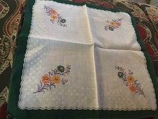 Vintage Green Border Yellow Orange Daisies Hankie VGC  