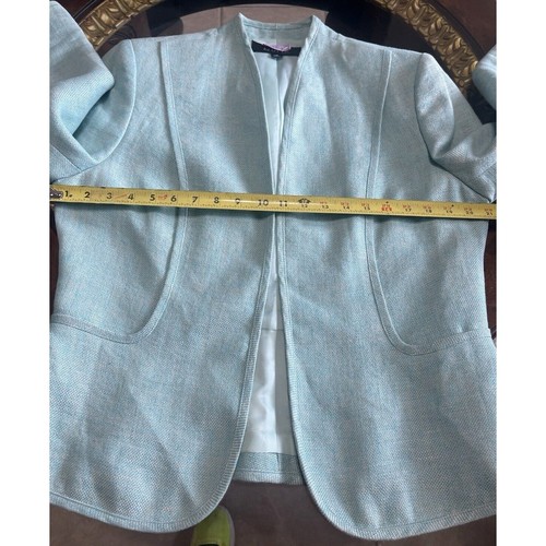KASPER Linen Skirt Suit Women 12 Light Aqua Open Front Blazer 3/4 Sleeve Tulip - Picture 9 of 24