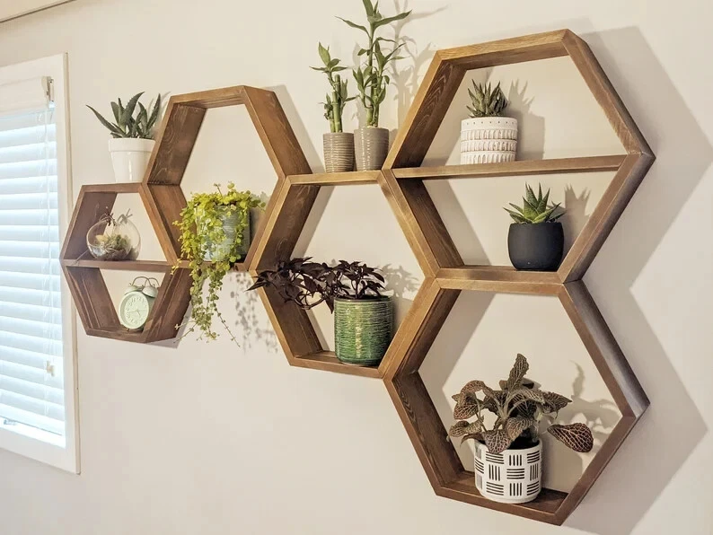 Hexagon Shelves, floating shelf, Honeycomb Shelf, crystal shelf, Wooden Gift
Opens in a new window o