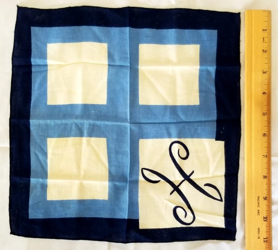 1920s Monogram Letter H Blue White Cocktail Handkerchief Hanky Art Deco Mens VTG - Image 4 of 4