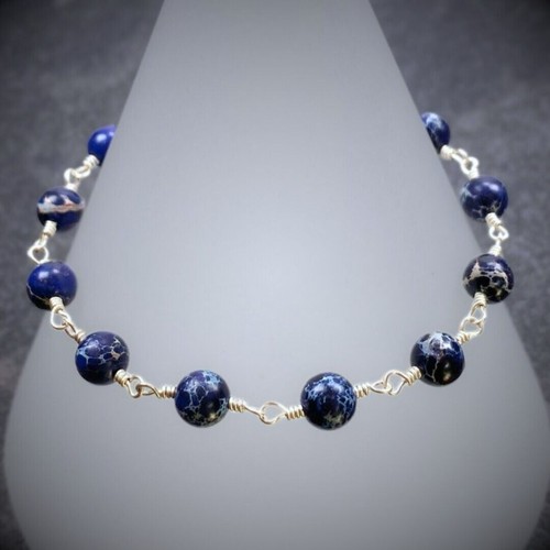 Pulsera Variscite - Azul Oscuro - Plata Argentina 935 - Piedras Preciosas Envueltas en Alambre - Imagen 3 de 7