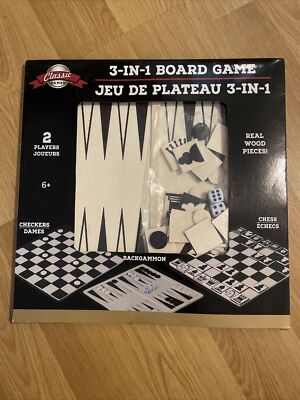 Classic Games 3 in 1 Board Game Set: Chess Checkers Backgammon Real Wood Pieces
