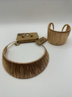 NWT Gold Tone Unique Multi Wire Choker Necklace, Cuff Bracelet & Stud Earrings