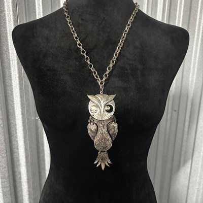Vintage Tortolani Owl Necklace Silver Tone Textured Pendant Signed Statement