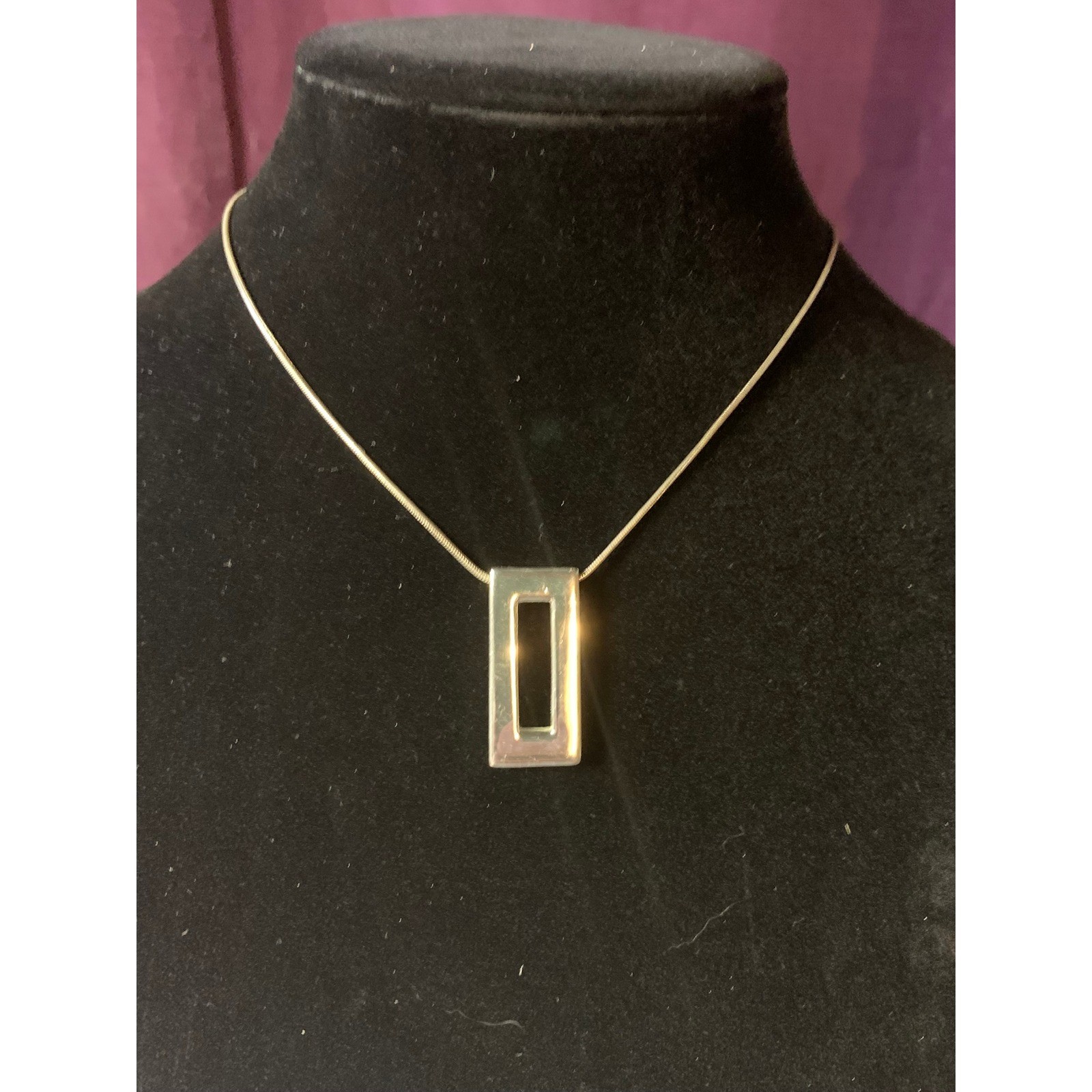 Modern Rectangular Pendant Necklace Silver Tone Snake Chain Minimalist Jewelry