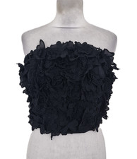 M&S Women's Top Black Bandeau Cropped Applique 3D Flowers Shirred Back New