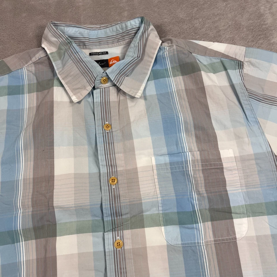 Quiksilver Shirt Mens Medium Blue White Plaid Button Up Short Sleeve Casual - Image 2 of 4