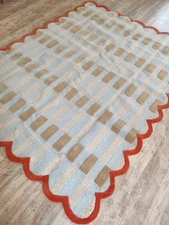 Handmade Wool Carpet | Blue Beige Checkered Rug Contemporary Carpet