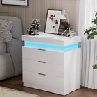 LED Nightstand with Charging Station, Black Night Stand with 3 Fabric Drawers