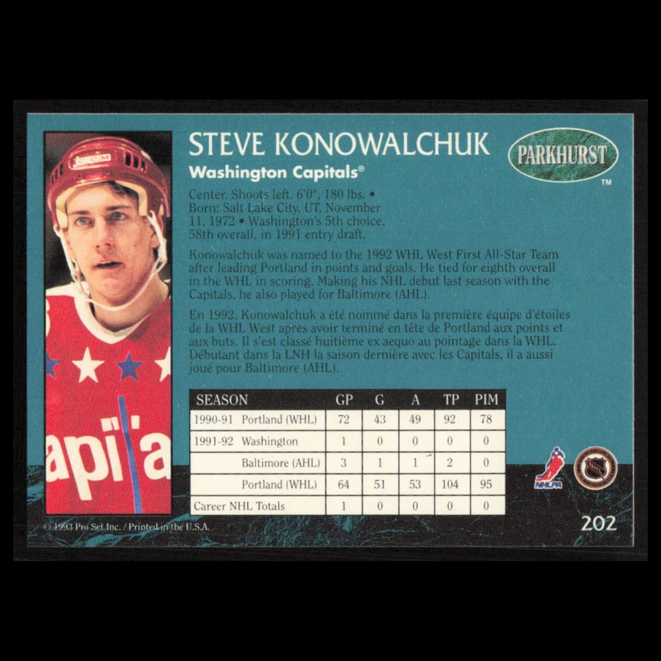 Steve Konowalchuk Rookie #202 1992 Parkhurst Washington Capitals Hockey Card NHL - Image 2 of 3