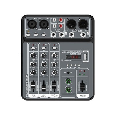 4-Channel USB Sound Mixer Metal Body Mixing Console 48V Power Supply