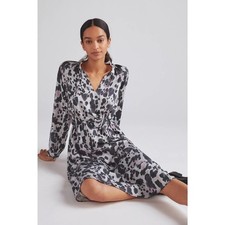 Vestido midi de leopardo de tela y piedra Anthropologie púrpura y gris manga larga S