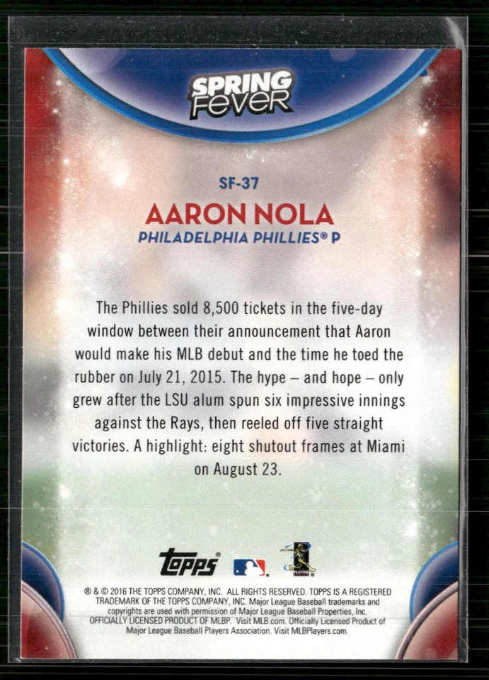2016 Topps #SF-37 Aaron Nola Spring Fever Rookie - Image 2 of 2