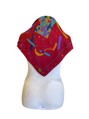 S3# VTG Atelier Versace 100% Silk Square Scarf Red Grid Abstract Jacquard Italy