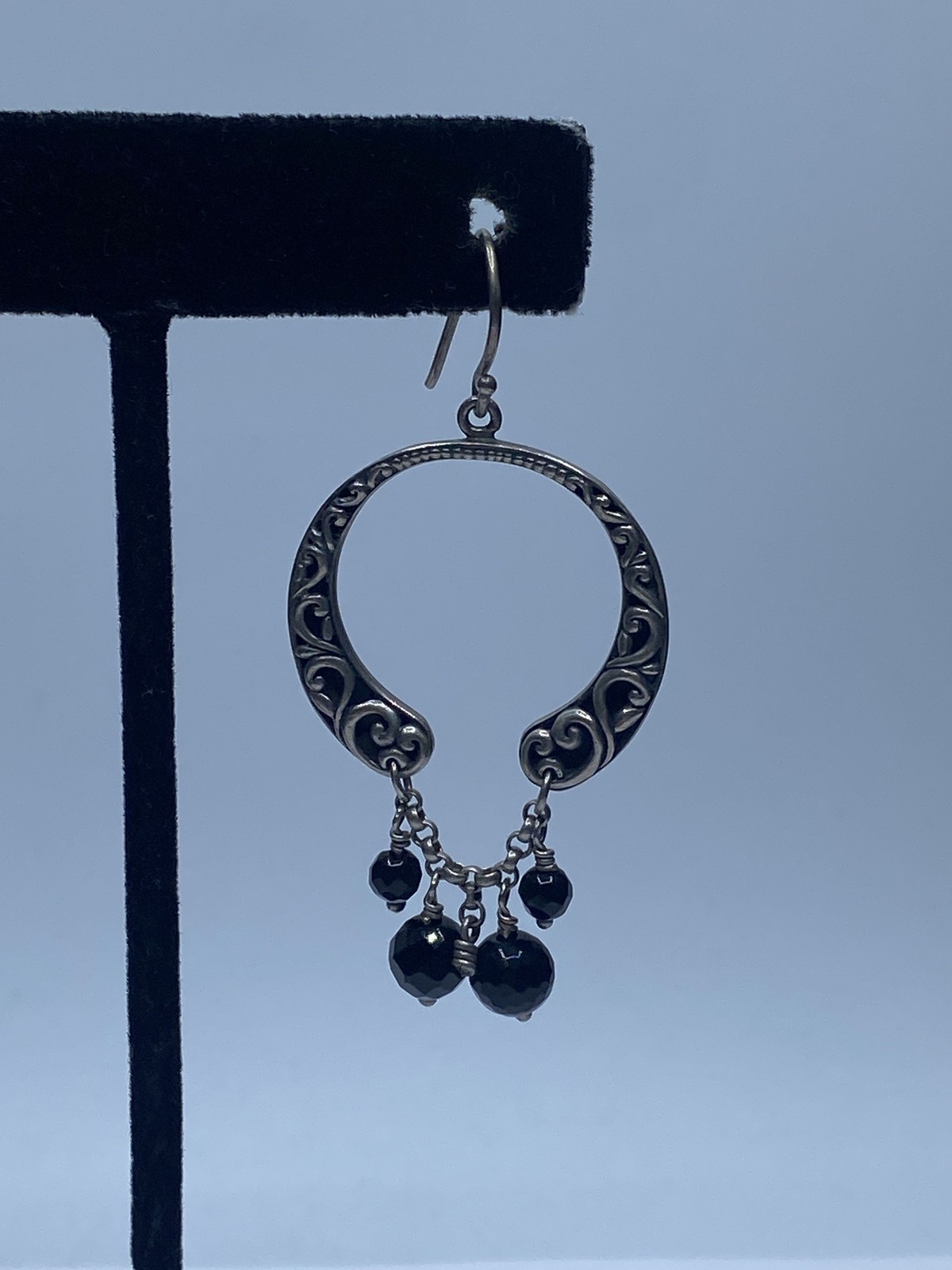 Sterling Silver Onyx Dangle Circle Scroll Earring… - image 3