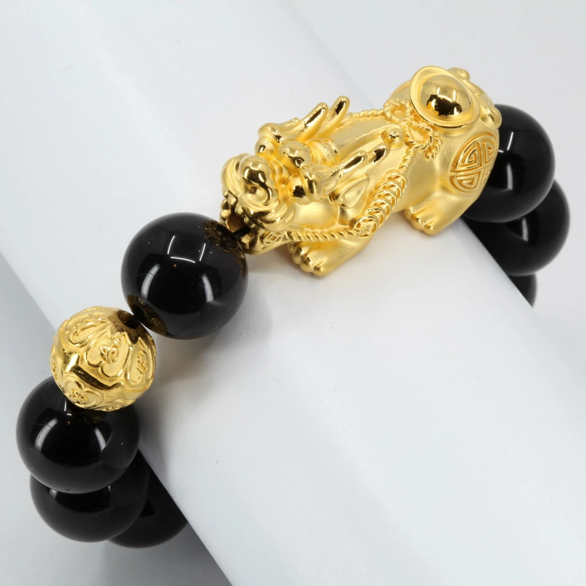 24K Solid Yellow Gold Pi Xiu Pi Yao Black Obsidian Bracelet