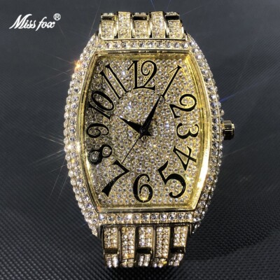 MISSFOX Men's Fully Ice Out Watch Quartz Waterproof Gold Diamond Luxury Gift NEW